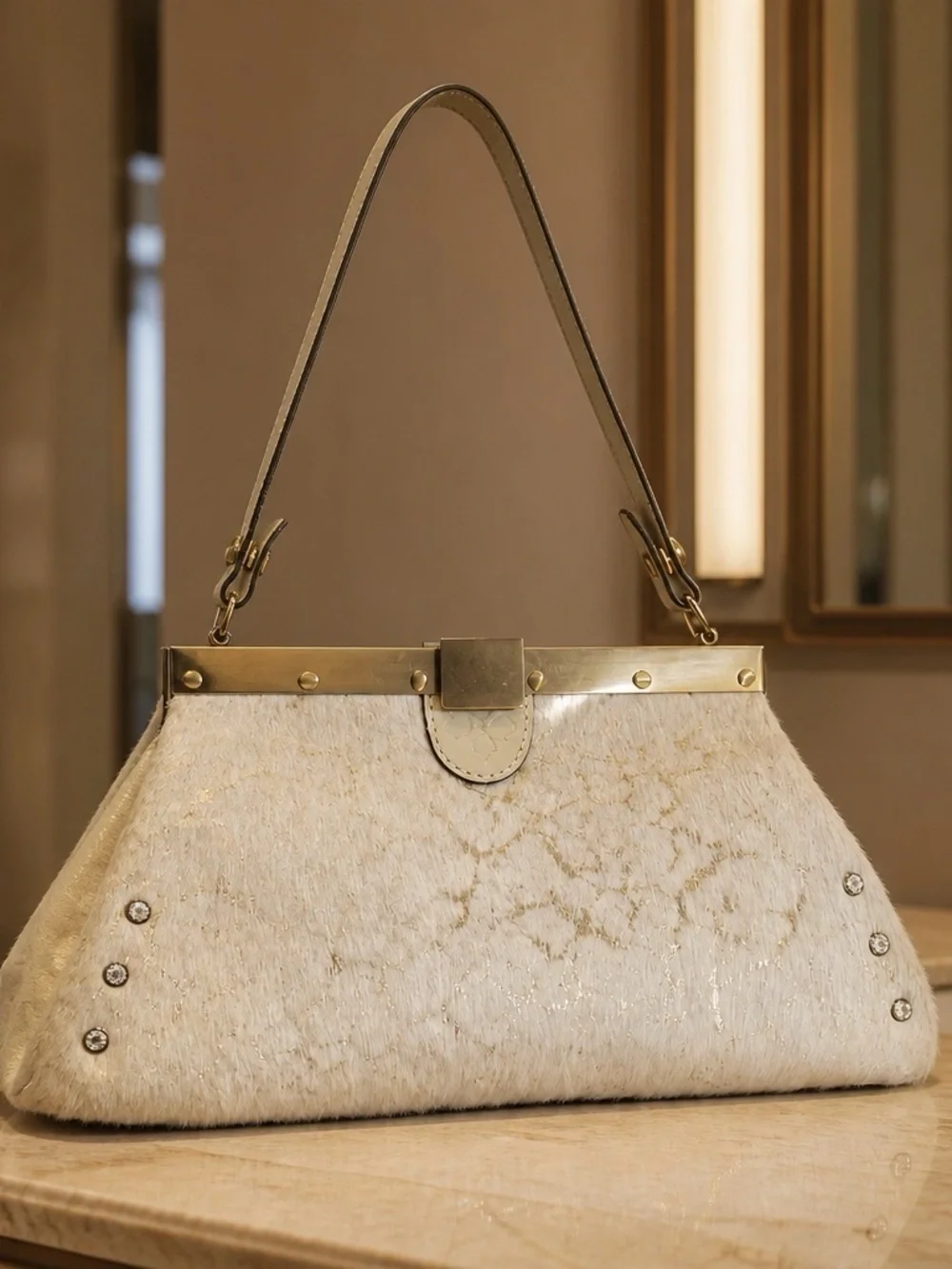 Patricia Nash Cream Haircalf Shoulder Bag with Gold Hardware